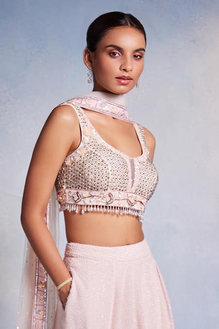 Muditaa By Urmila_Pink Georgette, Net Tassels, Embroidery Scoop Nirvi Hand Blouse Lehenga Set _Online_at_Aza_Fashions