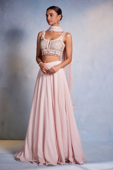 Buy_Muditaa By Urmila_Pink Georgette, Net Tassels, Embroidery Scoop Nirvi Hand Blouse Lehenga Set _Online_at_Aza_Fashions