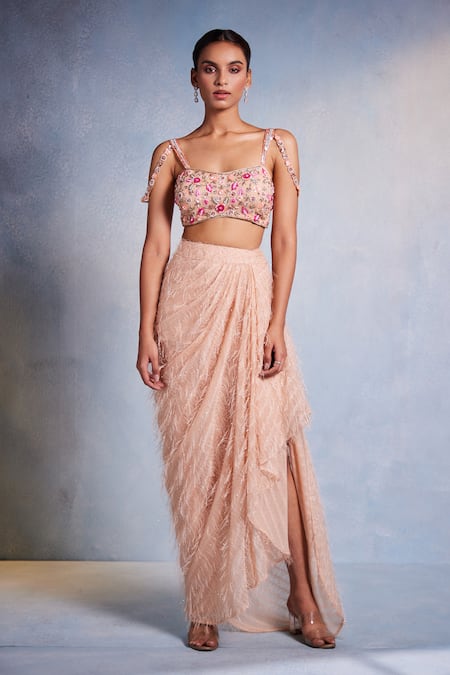 Muditaa By Urmila Pink Italian Sparkling Georgette Hand Embroidery Poorna Blouse With Dhoti 