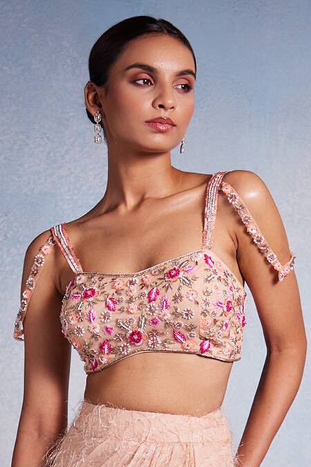 Buy_Muditaa By Urmila_Pink Net, Georgette Embroidery, Sequins Plunge Poorna Hand Blouse With Dhoti _Online_at_Aza_Fashions