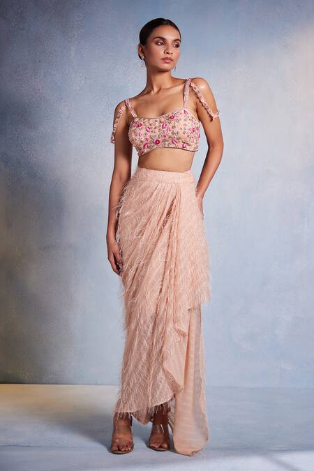 Shop_Muditaa By Urmila_Pink Net, Georgette Embroidery, Sequins Plunge Poorna Hand Blouse With Dhoti _Online_at_Aza_Fashions