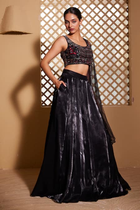 Buy_Muditaa By Urmila_Black Net, Organza, Silk Sequins, Embroidery Qaynat Hand Blouse Lehenga Set _Online_at_Aza_Fashions