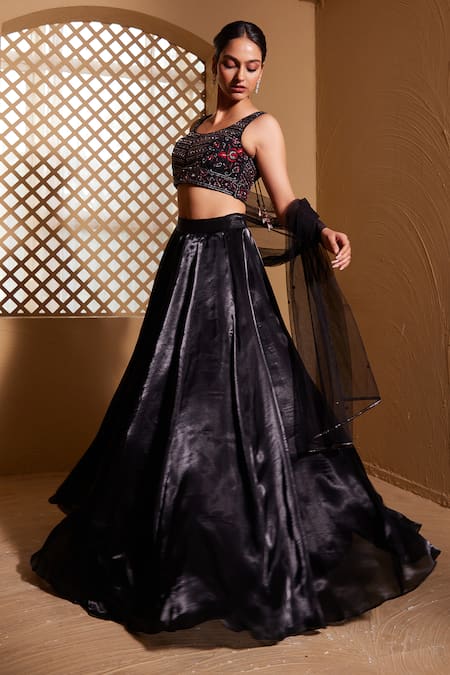 Shop_Muditaa By Urmila_Black Net, Organza, Silk Sequins, Embroidery Qaynat Hand Blouse Lehenga Set _Online_at_Aza_Fashions