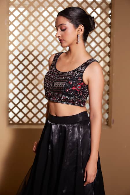 Muditaa By Urmila_Black Net, Organza, Silk Sequins, Embroidery Qaynat Hand Blouse Lehenga Set _at_Aza_Fashions