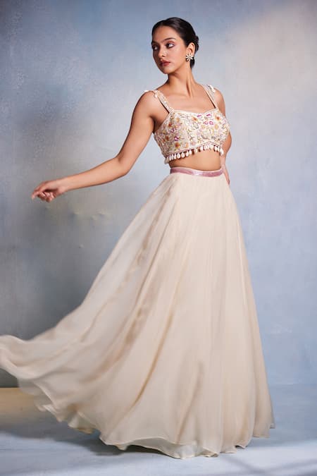 Muditaa By Urmila Off White Organza Embroidery, Tassels Shankha Hand Blouse With Lehenga Online at Aza Fashions Muditaa By Urmila_Off White Organza Embroidery, Tassels Shankha Hand Blouse With Lehenga _Online_at_Aza_Fashions