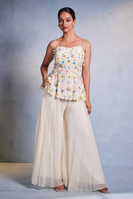 Muditaa By Urmila Off White Top Crepe Hand Embroidery Floral Shankha Peplum Kurta With Sharara 