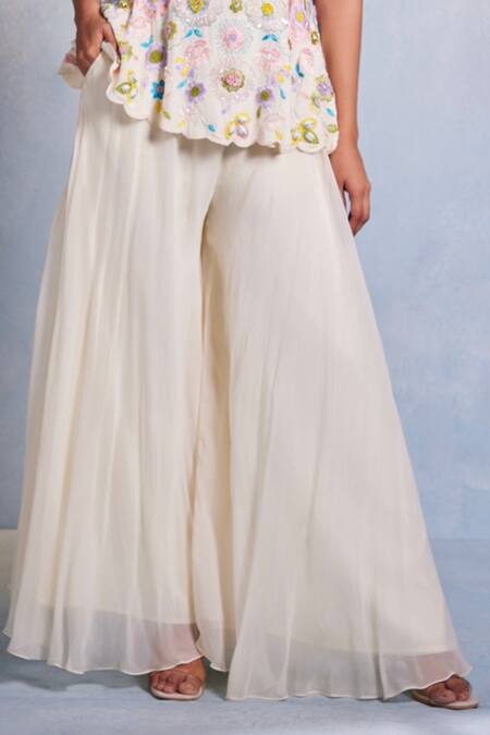Muditaa By Urmila_Off White Crepe, Organza Embroidery Shankha Hand Peplum Kurta With Sharara _Online_at_Aza_Fashions
