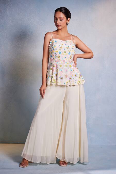 Buy_Muditaa By Urmila_Off White Crepe, Organza Embroidery Shankha Hand Peplum Kurta With Sharara _Online_at_Aza_Fashions