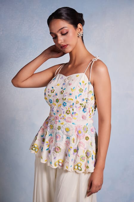 Shop_Muditaa By Urmila_Off White Crepe, Organza Embroidery Shankha Hand Peplum Kurta With Sharara _Online_at_Aza_Fashions