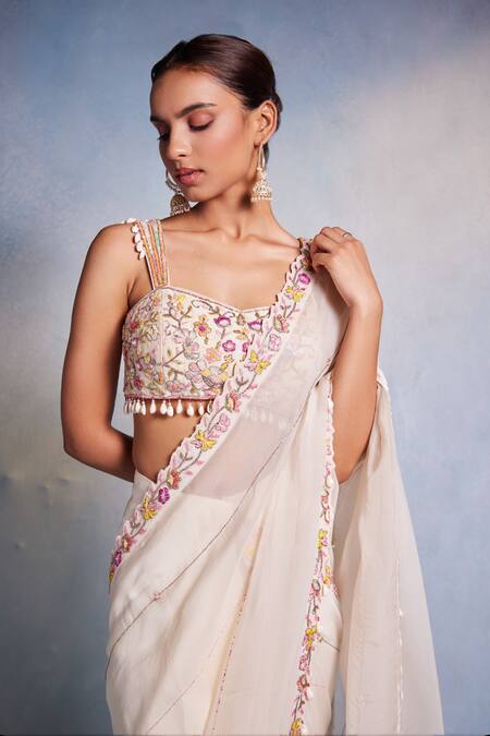 Muditaa By Urmila Off White Organza, Crepe Embroidery, Shankha Hand Blouse With Pre-draped Saree Online at Aza Fashions Muditaa By Urmila_Off White Organza, Crepe Embroidery, Shankha Hand Blouse With Pre-draped Saree _Online_at_Aza_Fashions