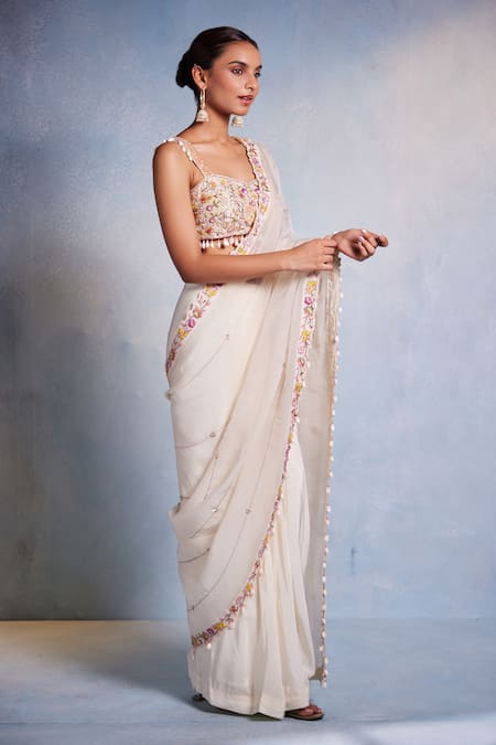 Buy Muditaa By Urmila Off White Organza, Crepe Embroidery, Shankha Hand Blouse With Pre-draped Saree Online at Aza Fashions Buy_Muditaa By Urmila_Off White Organza, Crepe Embroidery, Shankha Hand Blouse With Pre-draped Saree _Online_at_Aza_Fashions