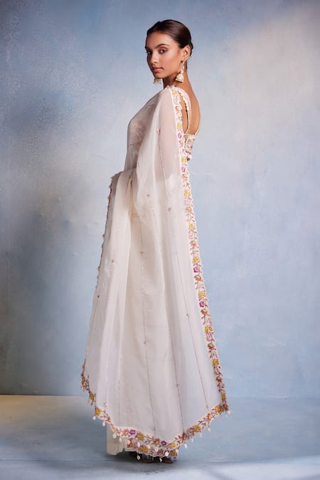 Shop Muditaa By Urmila Off White Organza, Crepe Embroidery, Shankha Hand Blouse With Pre-draped Saree Online at Aza Fashions Shop_Muditaa By Urmila_Off White Organza, Crepe Embroidery, Shankha Hand Blouse With Pre-draped Saree _Online_at_Aza_Fashions