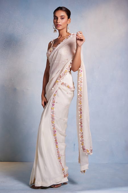 Muditaa By Urmila Off White Organza, Crepe Embroidery, Shankha Hand Blouse With Pre-draped Saree at Aza Fashions Muditaa By Urmila_Off White Organza, Crepe Embroidery, Shankha Hand Blouse With Pre-draped Saree _at_Aza_Fashions