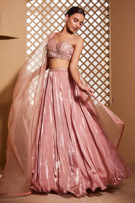 Muditaa By Urmila_Pink Organza Embroidery Sweetheart Neck Suhana Hand Blouse Lehenga Set _Online_at_Aza_Fashions