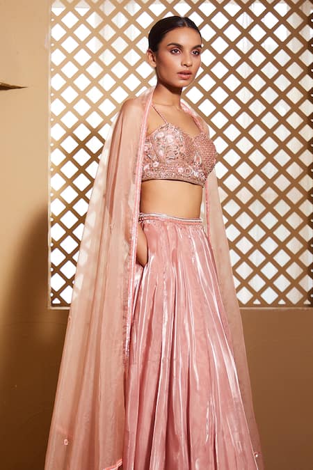 Buy_Muditaa By Urmila_Pink Organza Embroidery Sweetheart Neck Suhana Hand Blouse Lehenga Set _Online_at_Aza_Fashions