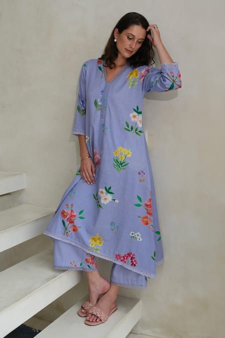 ROZA Purple Linen Printed Floral V-neck Amelia Kurta With Pant 