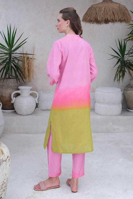 Shop Roza Multi Color Linen Printed Floral Mandarin Orion Kurta With Pant at Aza Fashions Shop_Roza_Multi Color Linen Printed Floral Mandarin Orion Kurta With Pant _at_Aza_Fashions