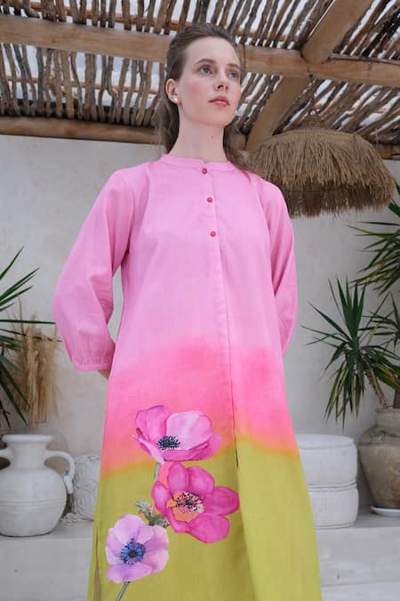 Buy_Roza_Multi Color Linen Printed Floral Mandarin Orion Kurta With Pant _Online_at_Aza_Fashions