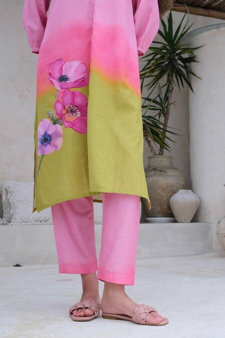 Shop Roza Multi Color Linen Printed Floral Mandarin Orion Kurta With Pant Online at Aza Fashions Shop_Roza_Multi Color Linen Printed Floral Mandarin Orion Kurta With Pant _Online_at_Aza_Fashions