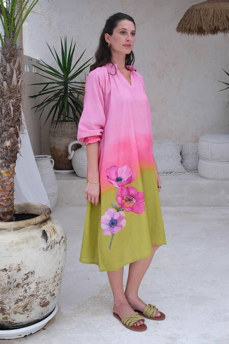 Roza Multi Color Linen Printed Floral Mandarin Orion Dress Online at Aza Fashions Roza_Multi Color Linen Printed Floral Mandarin Orion Dress _Online_at_Aza_Fashions