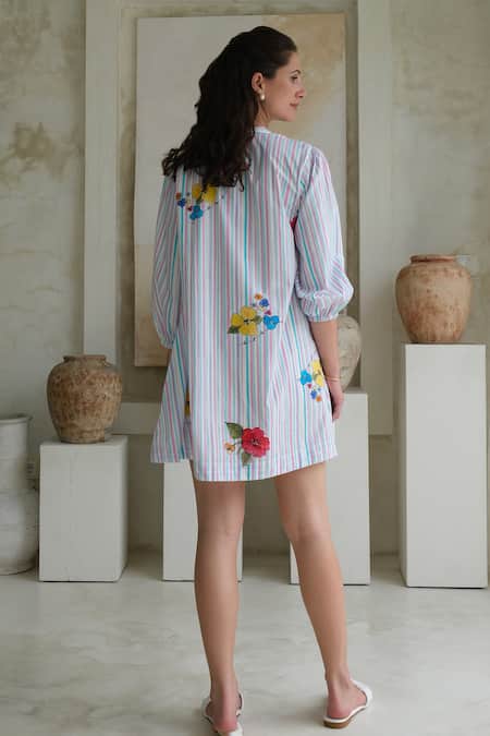 Shop Roza Multi Color Poplin Printed Floral V-neck Wisteria Skater Dress at Aza Fashions Shop_Roza_Multi Color Poplin Printed Floral V-neck Wisteria Skater Dress _at_Aza_Fashions