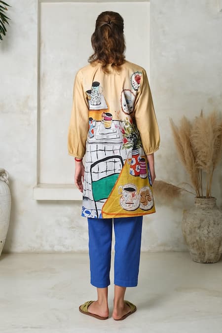 Shop Roza Multi Color Linen Printed High-tea V-neck High Tea Tunic With Pant at Aza Fashions Shop_Roza_Multi Color Linen Printed High-tea V-neck High Tea Tunic With Pant _at_Aza_Fashions