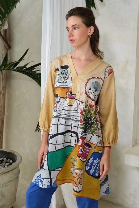 Buy Roza Multi Color Linen Printed High-tea V-neck High Tea Tunic With Pant Online at Aza Fashions Buy_Roza_Multi Color Linen Printed High-tea V-neck High Tea Tunic With Pant _Online_at_Aza_Fashions