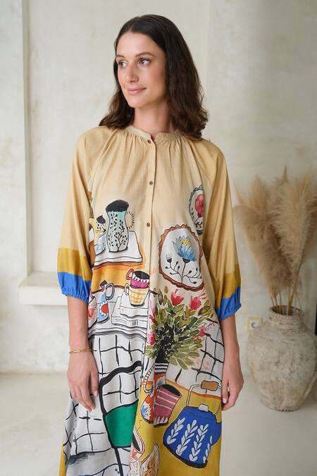 ROZA Multi Color Linen Printed High-tea Mandarin High Tea Dress  3