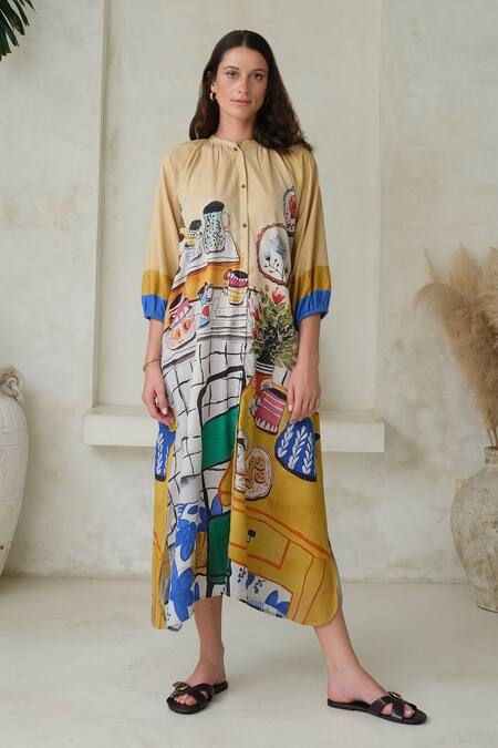 ROZA Multi Color Linen Printed High-tea Mandarin High Tea Dress  5