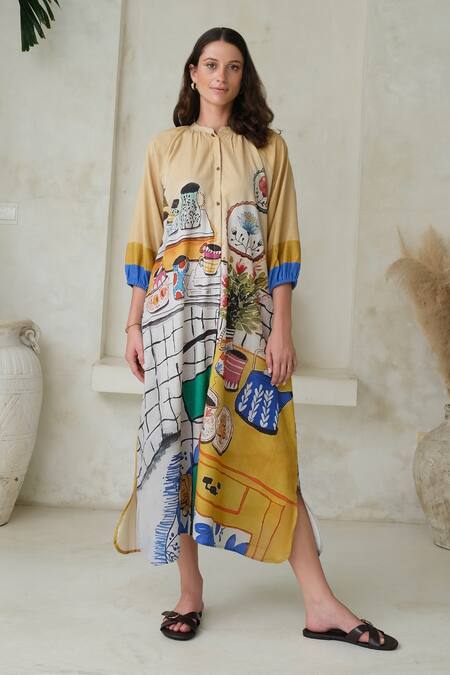 ROZA Multi Color Linen Printed High-tea Mandarin High Tea Dress  7