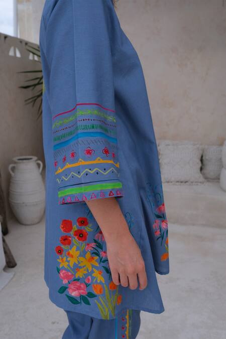 Buy_Roza_Blue Linen Printed Floral Notched Positano Tunic With Pant 