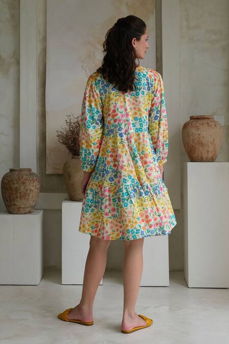 Shop Roza Multi Color Linen Printed Floral V-neck Camelia Short Dress at Aza Fashions Shop_Roza_Multi Color Linen Printed Floral V-neck Camelia Short Dress _at_Aza_Fashions