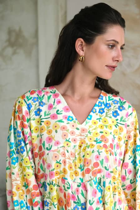 Buy Roza Multi Color Linen Printed Floral V-neck Camelia Short Dress Online at Aza Fashions Buy_Roza_Multi Color Linen Printed Floral V-neck Camelia Short Dress _Online_at_Aza_Fashions