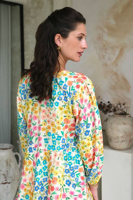 Shop Roza Multi Color Linen Printed Floral V-neck Camelia Short Dress Online at Aza Fashions Shop_Roza_Multi Color Linen Printed Floral V-neck Camelia Short Dress _Online_at_Aza_Fashions