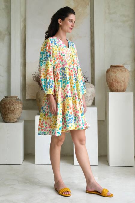 Roza Multi Color Linen Printed Floral V-neck Camelia Short Dress at Aza Fashions Roza_Multi Color Linen Printed Floral V-neck Camelia Short Dress _at_Aza_Fashions