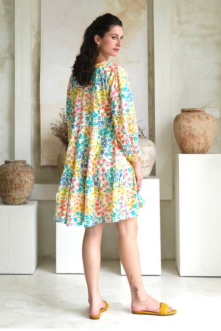 Buy Roza Multi Color Linen Printed Floral V-neck Camelia Short Dress Buy_Roza_Multi Color Linen Printed Floral V-neck Camelia Short Dress