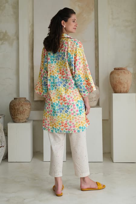 Shop Roza Multi Color Linen Printed Floral Collar Camelia Tunic With Pant at Aza Fashions Shop_Roza_Multi Color Linen Printed Floral Collar Camelia Tunic With Pant _at_Aza_Fashions