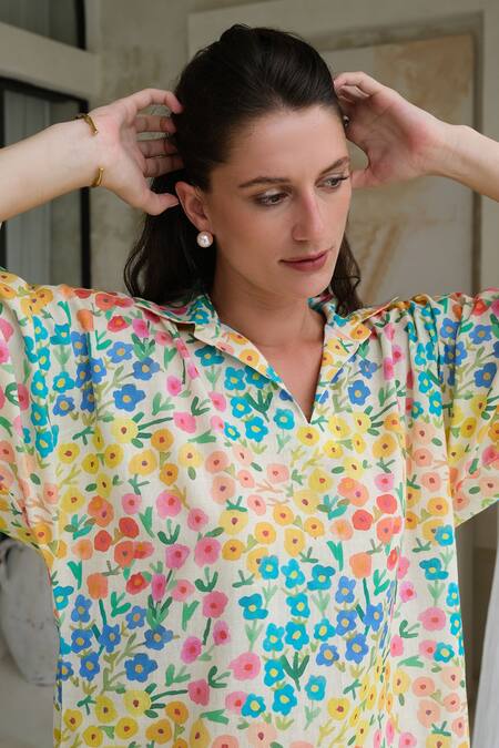 Buy_Roza_Multi Color Linen Printed Floral Collar Camelia Tunic With Pant _Online_at_Aza_Fashions