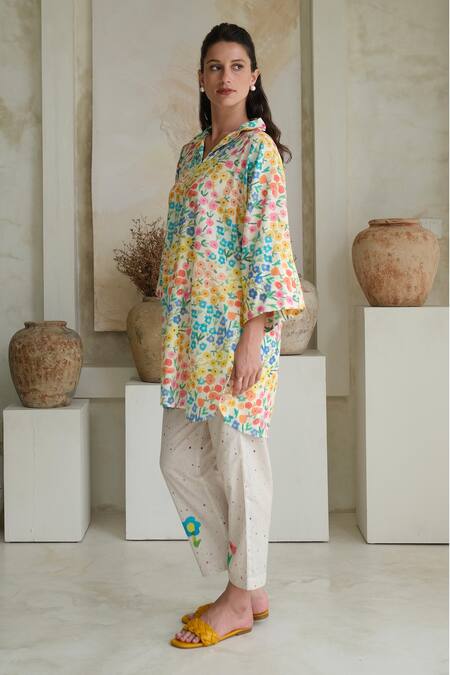 Buy Roza Multi Color Linen Printed Floral Collar Camelia Tunic With Pant Buy_Roza_Multi Color Linen Printed Floral Collar Camelia Tunic With Pant