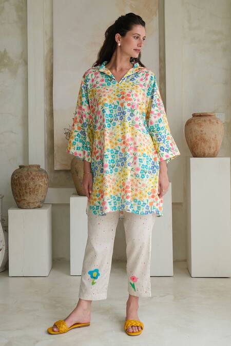 Shop Roza Multi Color Linen Printed Floral Collar Camelia Tunic With Pant Shop_Roza_Multi Color Linen Printed Floral Collar Camelia Tunic With Pant