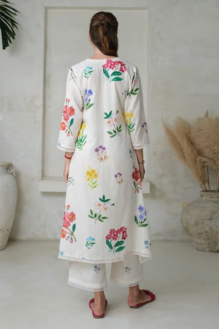 Shop Roza Ivory Linen Printed Floral V-neck Amelia Long Kurta With Pant at Aza Fashions Shop_Roza_Ivory Linen Printed Floral V-neck Amelia Long Kurta With Pant _at_Aza_Fashions