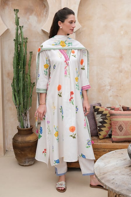 ROZA Ivory Linen Printed Floral V-neck Marigold Watercolor Kurta With Pant 