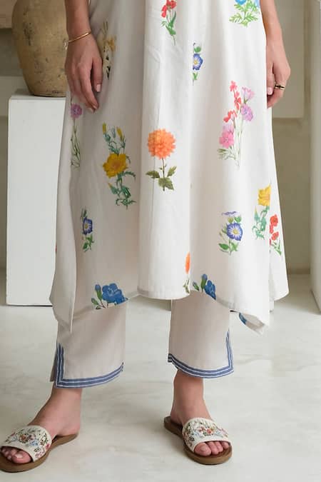 Buy Roza Ivory Linen Printed Floral V-neck Marigold Watercolor Kurta With Pant Online at Aza Fashions Buy_Roza_Ivory Linen Printed Floral V-neck Marigold Watercolor Kurta With Pant _Online_at_Aza_Fashions