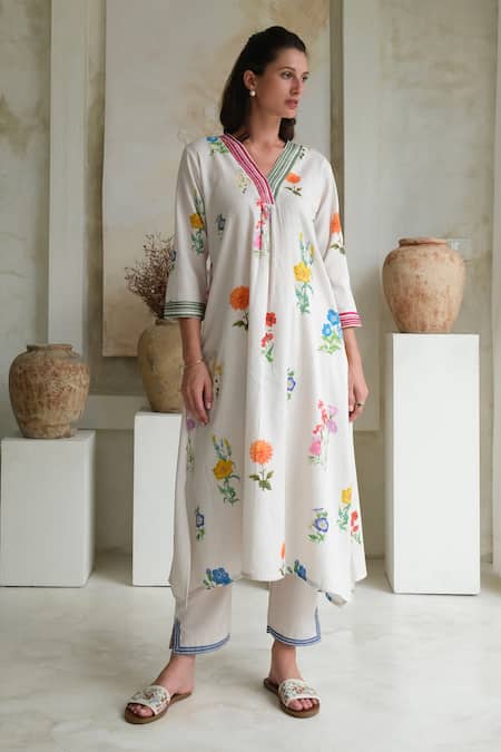 Shop Roza Ivory Linen Printed Floral V-neck Marigold Watercolor Kurta With Pant Online at Aza Fashions Shop_Roza_Ivory Linen Printed Floral V-neck Marigold Watercolor Kurta With Pant _Online_at_Aza_Fashions