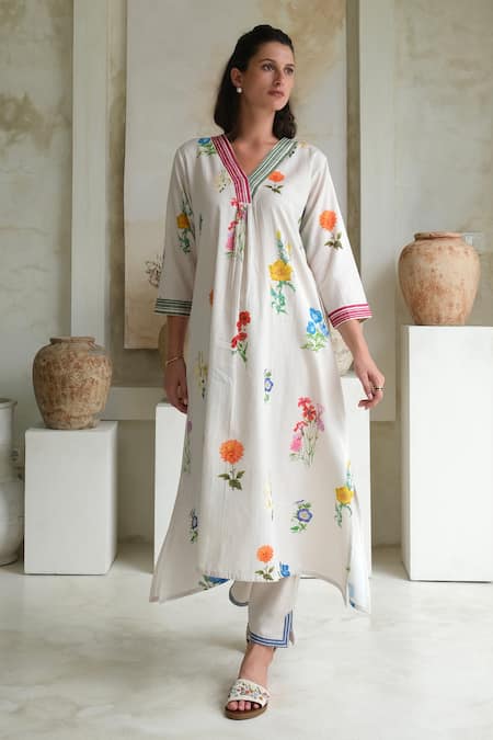 Buy Roza Ivory Linen Printed Floral V-neck Marigold Watercolor Kurta With Pant Buy_Roza_Ivory Linen Printed Floral V-neck Marigold Watercolor Kurta With Pant