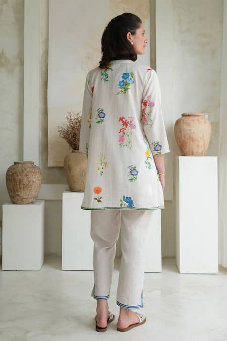 Shop Roza Ivory Linen Print Marigold V Neck Floral Tunic With Pant at Aza Fashions Shop_Roza_Ivory Linen Print Marigold V Neck Floral Tunic With Pant _at_Aza_Fashions