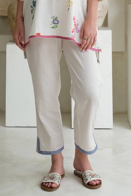 Buy Roza Ivory Linen Print Marigold V Neck Floral Tunic With Pant Online at Aza Fashions Buy_Roza_Ivory Linen Print Marigold V Neck Floral Tunic With Pant _Online_at_Aza_Fashions