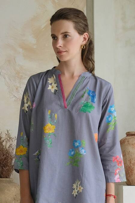 Shop_Roza_Purple Linen Print Marigold V Collar Floral Short Tunic With Pant _Online_at_Aza_Fashions