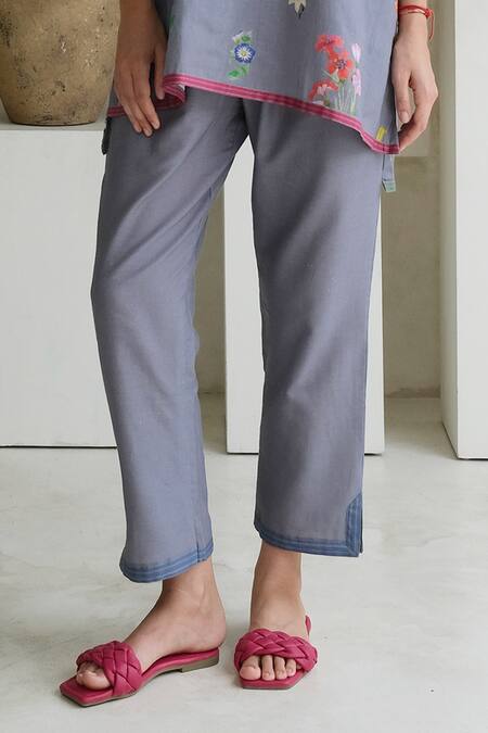 Roza_Purple Linen Print Marigold V Collar Floral Short Tunic With Pant _at_Aza_Fashions