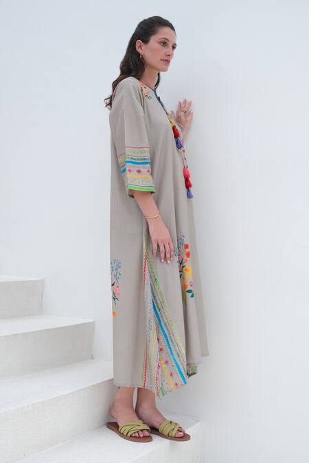 Roza_Beige Linen Print Floral Curved V Positano Dress _Online_at_Aza_Fashions